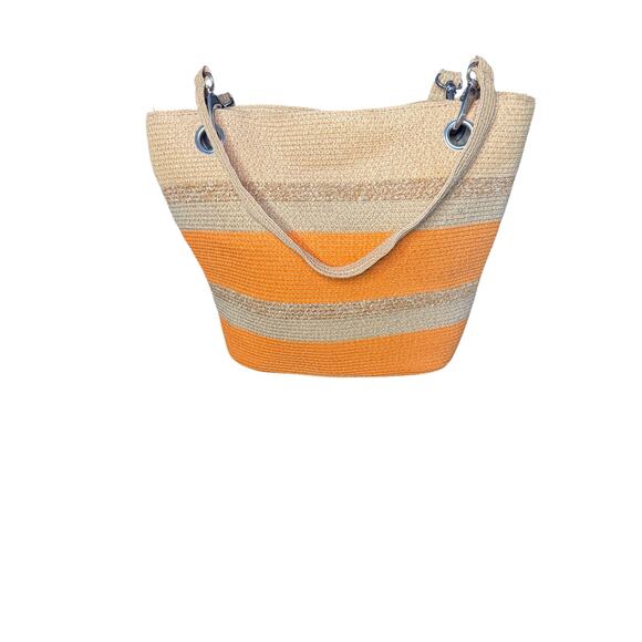 Pritzi Handbags - Pritzi Woven Straw Shoulder Bag Orange/Brown Striped Hobo Style Tote Women